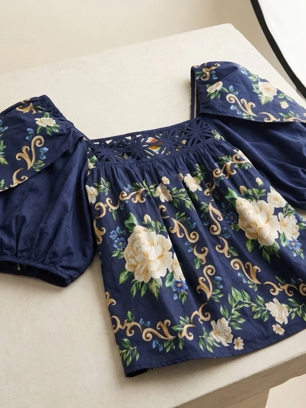 FARM Rio Navy Floral Square-Neck Puff Sleeve Blouse